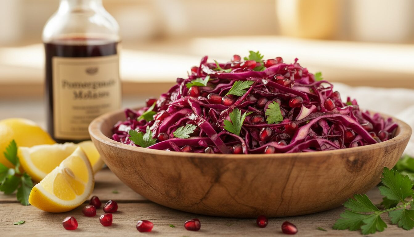 découvrez comment préparer une délicieuse salade de chou rouge agrémentée d'une mélasse de grenade sucrée et acidulée, parfaite pour une entrée fraîche et originale.