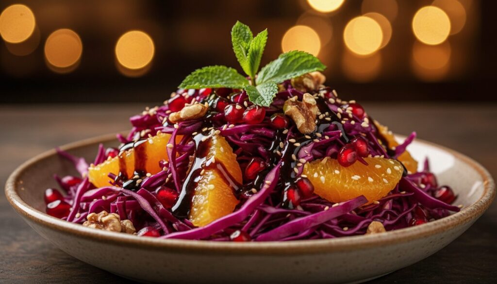 découvrez comment préparer une salade de chou rouge savoureuse et originale, relevée par une délicate mélasse de grenade, pour une explosion de saveurs sucrées et acidulées.