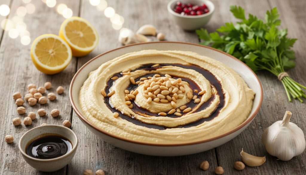 découvrez une recette originale de houmous à la mélasse de grenade et aux pignons, alliant douceur fruitée et croquant pour un apéritif savoureux et surprenant.