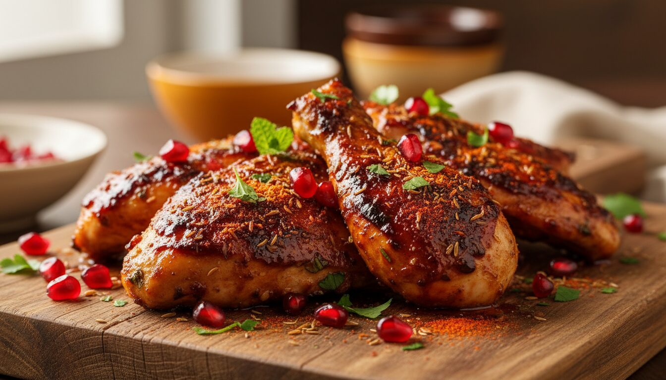 découvrez une recette savoureuse de poulet mariné à la mélasse de grenade et aux épices, parfaite pour un repas parfumé et original.