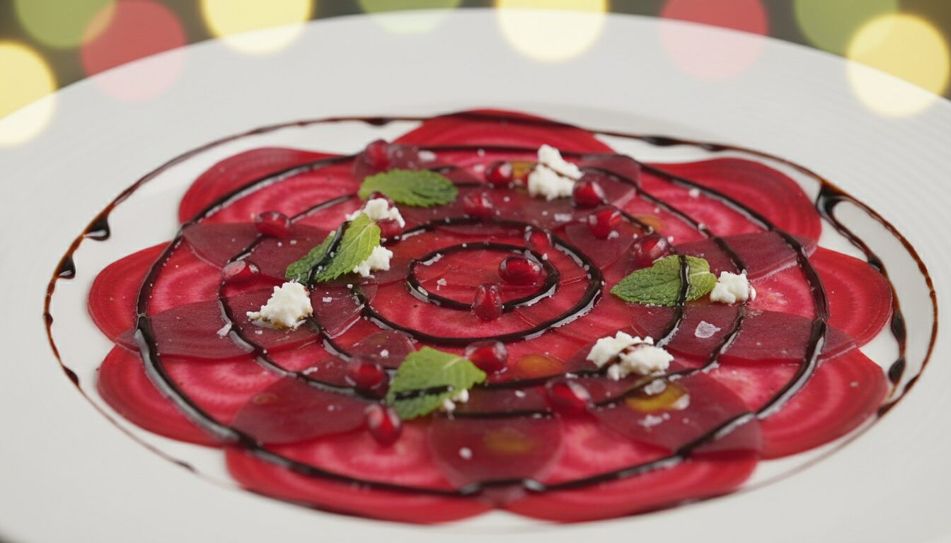découvrez une recette raffinée de carpaccio de betterave accompagné d'une savoureuse réduction de mélasse de grenade, parfaite pour une entrée gourmande et colorée.