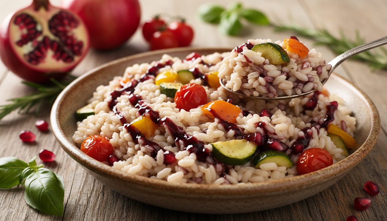 découvrez comment sublimer un risotto aux légumes du soleil en y incorporant délicatement la mélasse de grenade pour une touche sucrée et acidulée unique.