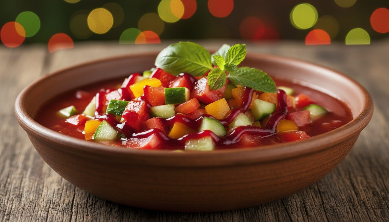 découvrez comment sublimer votre soupe froide gaspacho avec une touche sucrée et acidulée grâce à un filet de mélasse de grenade pour un goût unique et rafraîchissant.