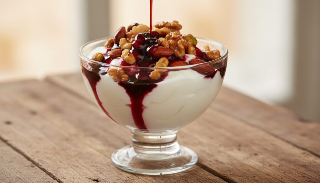 découvrez comment sublimer votre dessert au yaourt avec de la mélasse de grenade et des noix grillées pour une saveur fruitée et croquante irrésistible.