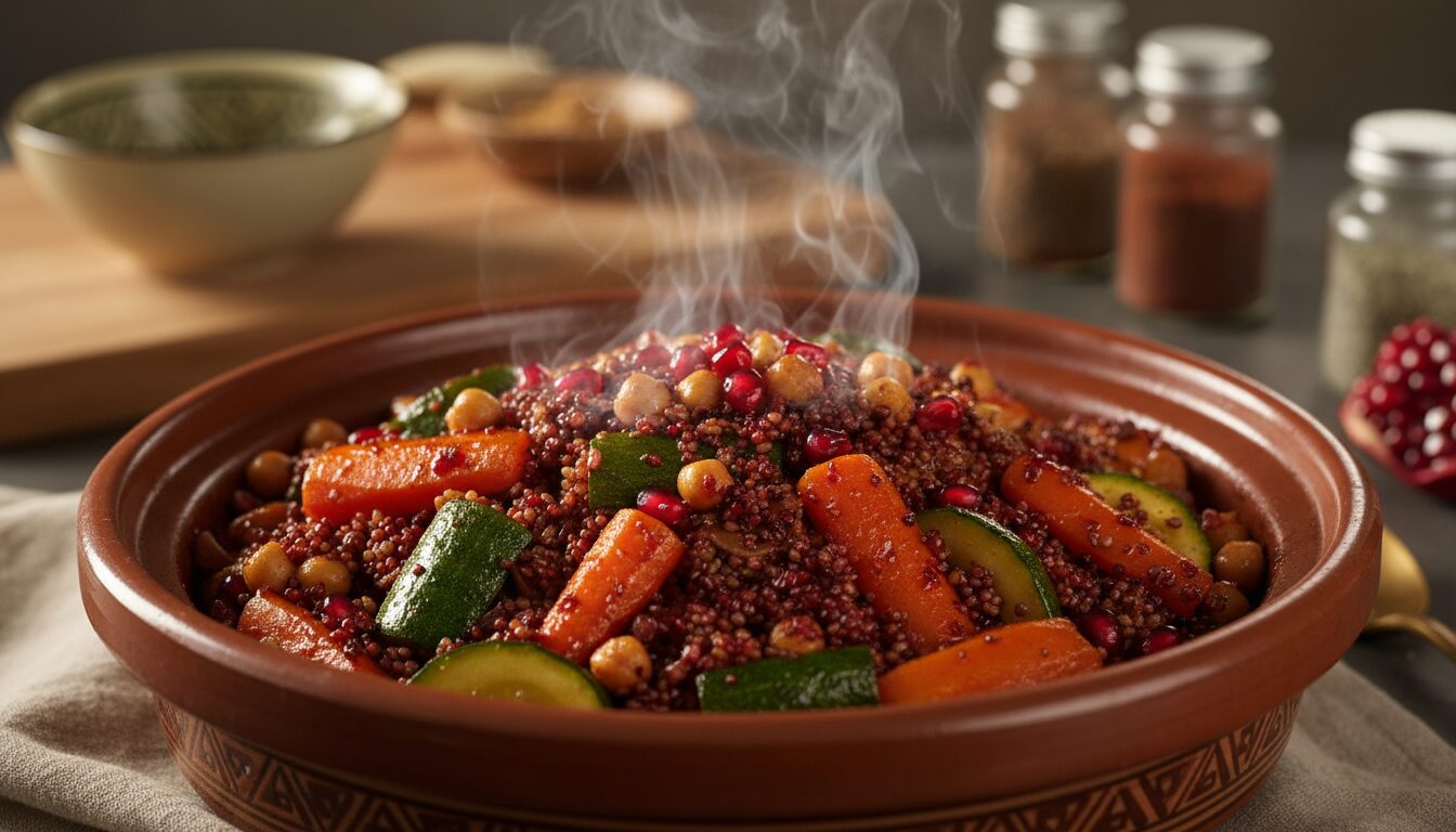 découvrez comment préparer un couscous aux légumes savoureux en intégrant la mélasse de grenade dans la sauce pour une touche sucrée et acidulée unique.