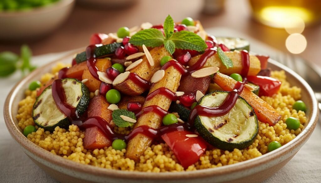 découvrez comment préparer un couscous aux légumes savoureux en enrichissant la sauce avec de la mélasse de grenade pour une touche sucrée et acidulée unique.