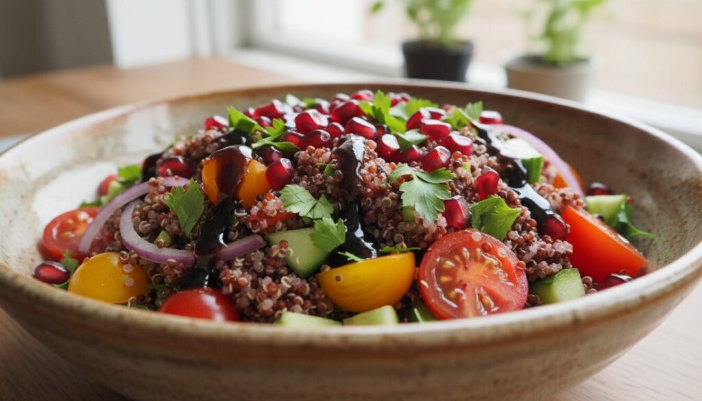 découvrez comment préparer une salade de quinoa savoureuse et légère, agrémentée d'une vinaigrette originale à la mélasse de grenade pour une explosion de saveurs.