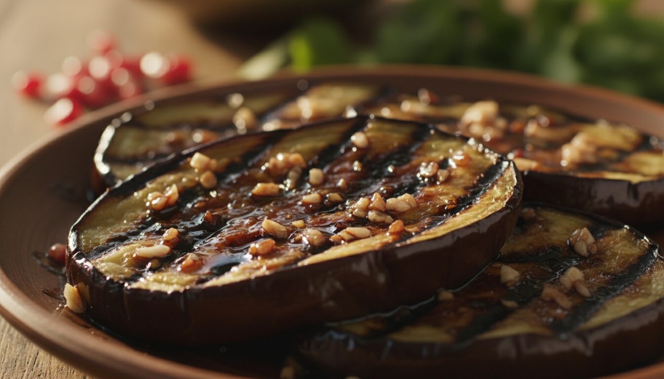 découvrez comment mariner des aubergines grillées avec une délicieuse marinade à base de mélasse de grenade et d'ail pour une saveur unique et authentique.