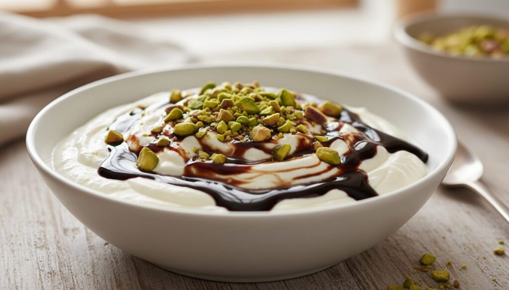 découvrez comment préparer un dessert gourmand au fromage blanc, agrémenté de mélasse de grenade et de pistaches croquantes, pour une touche sucrée et fruitée originale.